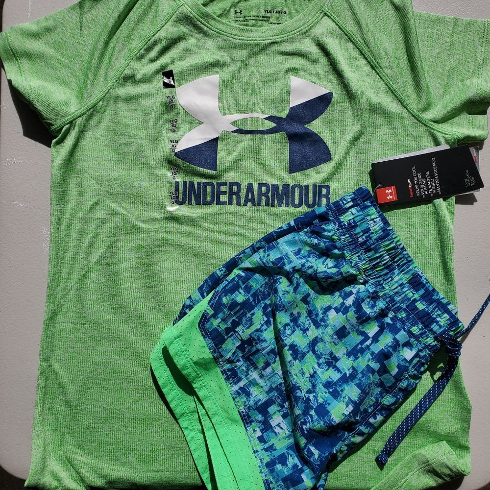 Under Armour Girls Large Shorts w/ T-Shirt Green Blue Spring Summer NEW